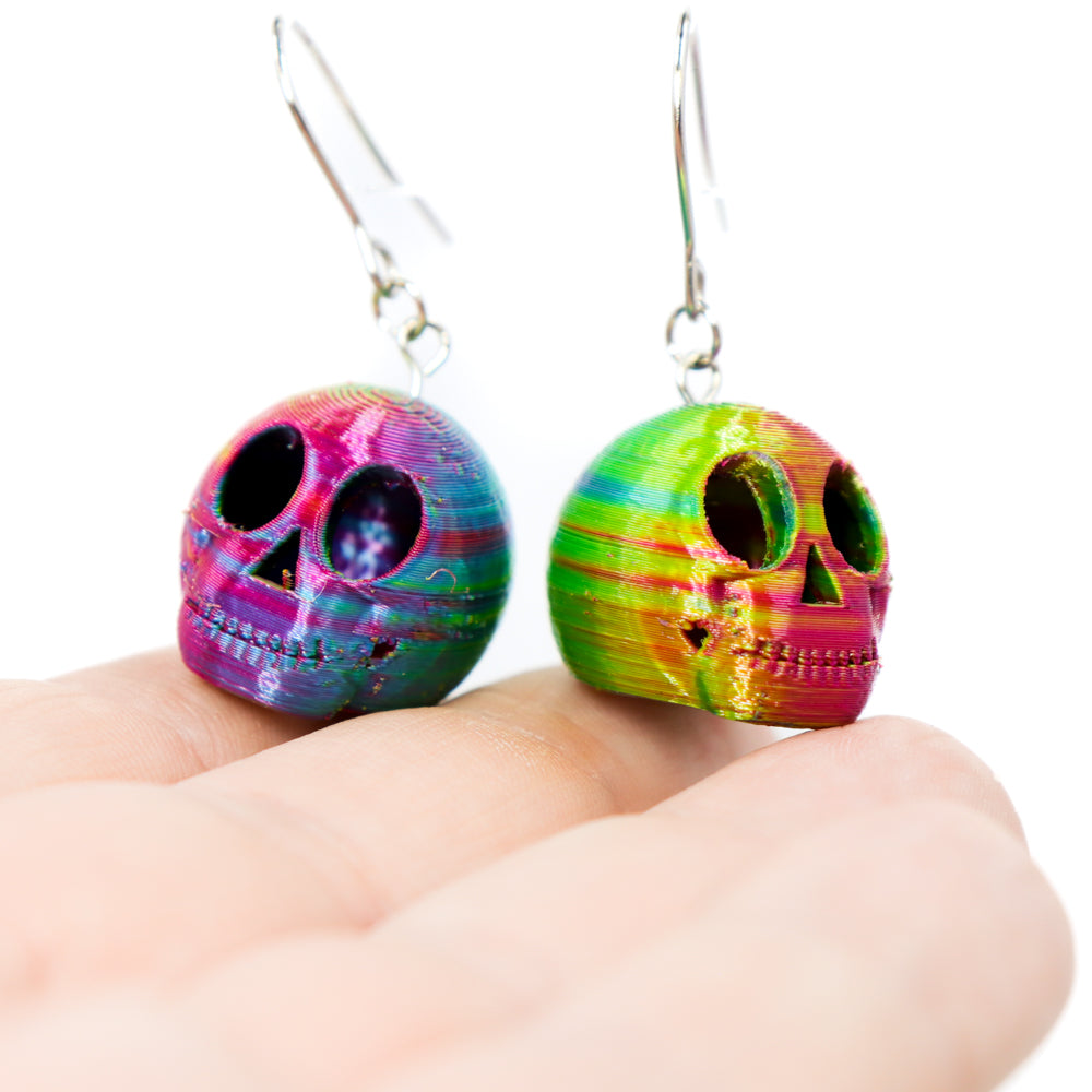 3D Printed Skully Hanging Earrings in Striped Rainbow