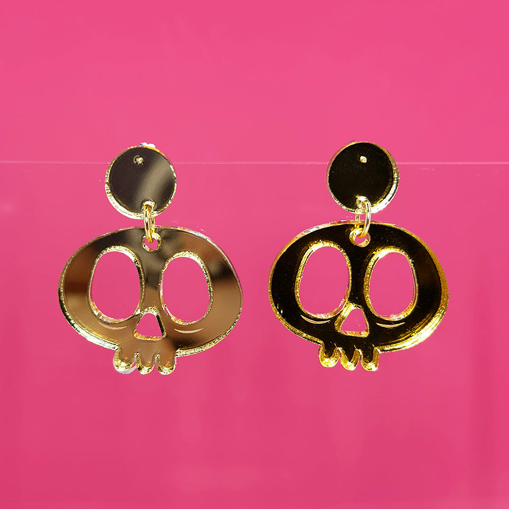 Gold Mirrored Skull Hanging Post Earrings