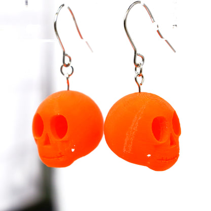 3D Printed Skully Hanging Earrings in Neon Orange