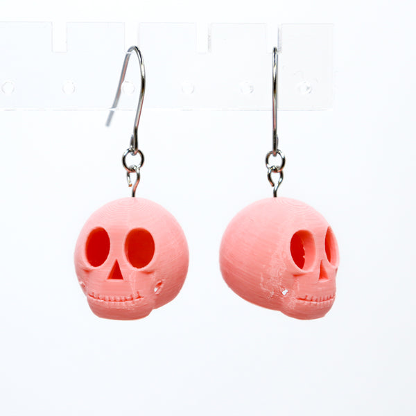 3D Printed Skully Hanging Earrings in Sakura Pink