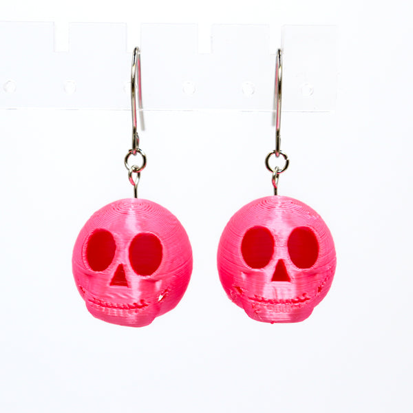3D Printed Skully Hanging Earrings in Silky Neon Pink