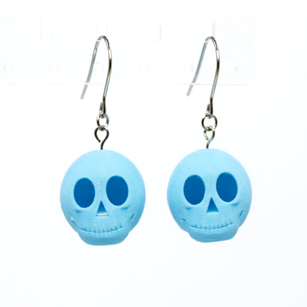 3D Printed Skully Hanging Earrings in Baby Blue